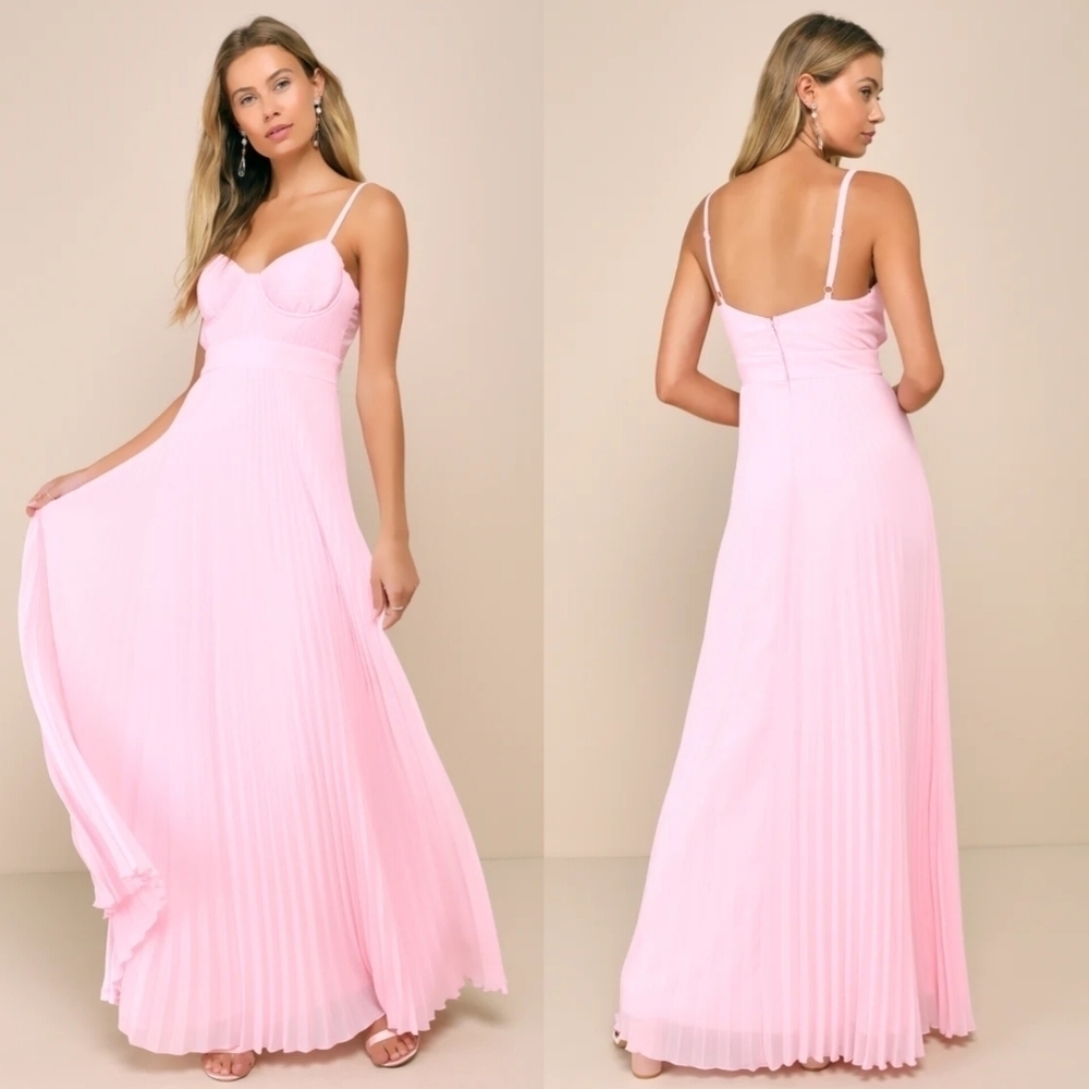 Lulus Certainly Lovely Light Pink Pleated Bustier Maxi Dress Wedding Party Prom
